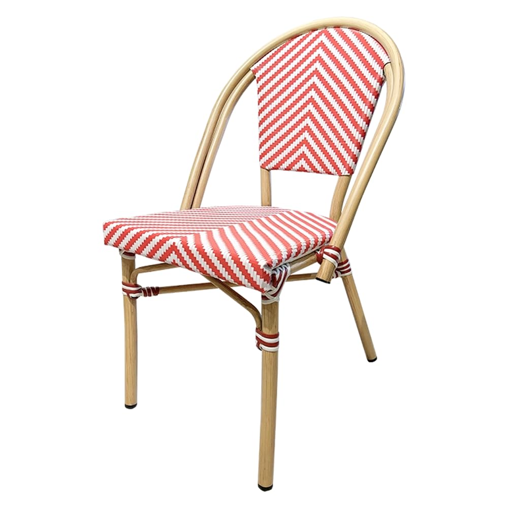 EME Silla París Color Rojo Estilo Parisino. Silla Tipo bistró Ideal para Usar en Interior como en Exterior. Estructura de Aluminio y Asiento de textilene Trenzado en Color Beige y Rojo. Apilable.