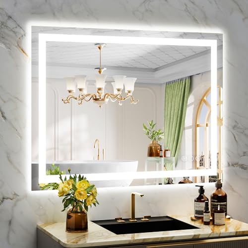 Image of 40x30 Inch LED Bathroom Mirror with Lights Front and Backlit Lighted Vanity Mirror for Bathroom Wall with 3 Colors Dimmable Anti-Fog Memory Shatter-Proof IP54 Waterproof Horizontal /Vertical