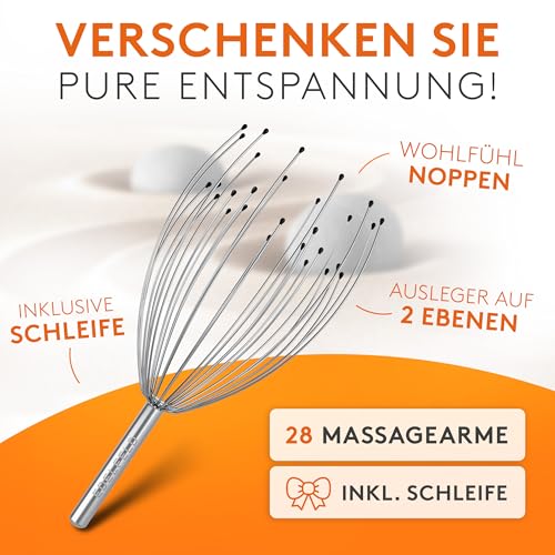 Die entspannende Kopfmassage Spinne mit 28 Fingern von Edelfeld [VERBESSERTE VERSION 2025]- Mit Geschenkverpackung & Schleife - Kopfmassagegerät als Geschenk mit Auslegern auf 2 Ebenen Wohlfühl-Noppen