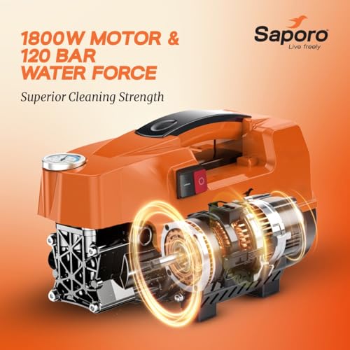 Image of Saporo Quickjet High Pressure Car Washer, 1800W Portable Pressure Washer with 120 Bar, 6.5 L /min Flow Rate, Self Priming, Auto Stop System, 8m Outlet Hose, 9 Accessories for Car, Bike & Home Cleaning