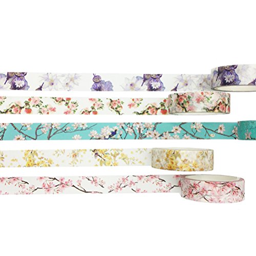 Vintage Floral Flower Washi Tape Set of 5 Rolls Assorted â€“ Classy Design Diary Notebook Scrapbook Decorative DIY Japanese Masking Adhesive Sticky Paper Washi Tape Set (Width: 15mm)