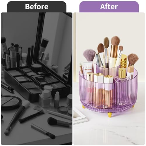 Image of Clear Rotating Makeup Organizer Countertop for Vanity, 360 Makeup Brush Holder Organizer with 5 Compartments, Transparent Cosmetic Storage for Lipstick, Skincare, Bathroom Counter(Transparent Purple)
