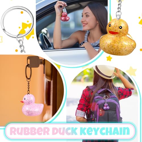 Image of Deekin 96 Pcs Mini Glitter Rubber Ducks Keychain Bulk Cruise Rubber Ducks Party Favor 3D Squeaky Duck Chains Colorful for Birthday Party Favors Gift Favor