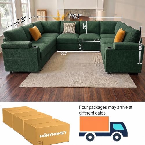 Image of Oversized Sectional Couches for Living Room Cloud Couch Chenille Sofa | Chaise Detachable Armrest Cushion FSC Certified U Shaped Convertible Modular Sleeper Sofa (Green, Large U Shape 8 Seat)