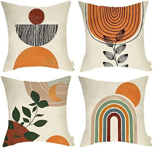 Fjfz Boho Abstract Rainbow Line Sun Moon Decorative Throw Pillow Covers 18 x 18 Set of 4, Bohemian Sunset Sunrise Landscape Nature Home Decorations, Minimalist Modern Art Aesthetic Cushion Case Decors