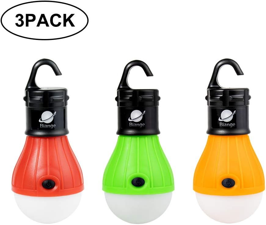 Biange LED Camping Lantern Portable Tent Light Bulb Battery Operated Camping Equipment for Backpacking Hiking Hurricane Emergency Power Outage and Outdoor Adventures (3 pack)