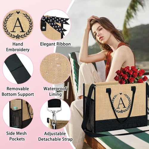 Image of GhvyenntteS Personalized Tote Bags for Women - Initial Jute Tote Bag & Makeup Bag, Birthday Gifts for Women Bridal Wife Mom Grandma Teacher Friend