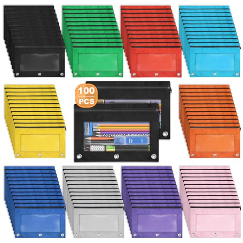Shemira Pencil Pouch for 3 Ring Binder – 100 Pack, 10 Colors