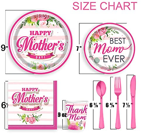 Pammyan Happy Mothers Day Party Supplies Tableware Set - 25 Set Floral Flowers Disposable Dinnerware Tablecloth - Paper Plates Napkins Cups, Pink Plastic Forks Knives Spoons For School Office Home #TOP1