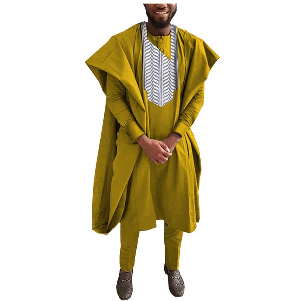 Ensemble Agbada Dashiki Africains Hommes robe chemise pantalon jaune XXL