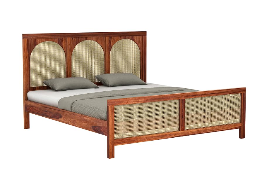 Image of Sheesham Wood King Size Bed Without Storage for Bedroom | Solid Wooden Cane Bed Cot Furniture for Home, Hotel & Guest House | Modern Double Bed 80x75x48 Inch Design