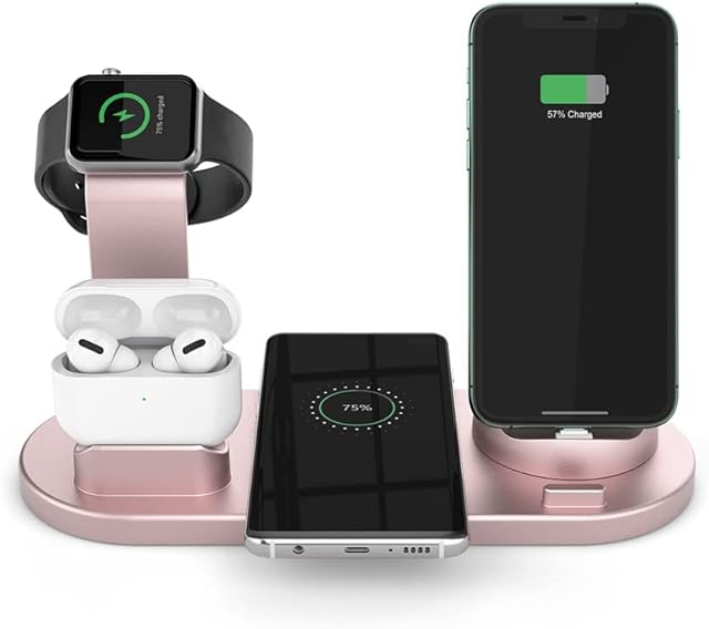 6 in 1 Wireless Charging Station, 360° Rotatable Charging Dock for Apple/Micro/Type C Phones/Airpods, Qi Wireless Charging for iPhone 8/9/10/11 Series/12 Series/Samsung, Stand for iWatch (Rose -2)