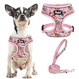 PUPTECK Soft Mesh Christmas Dog Harness and Leash Set Pet Puppy Cat Comfort Padded Vest No Pull Harnesses, Bright Pink, S