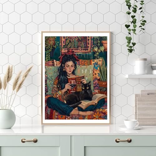 ijbnhd Diamond Art Kits for Adults, Reading Book Diamond Painting Kits for Adults, 5D DIY Round Drill Black Cat Gem Art Paint with Diamonds Dots Crafts Kits for Home Decor Gift 12x16 inch — view 4