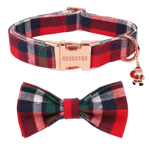 ADOGGYGO Christmas Dog Collar, Red Green Plaid Dog Bow Tie Collar, L