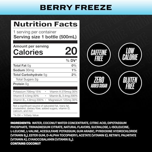 PRIME Hydration BERRY FREEZE, Sports Drinks, Electrolyte Enhanced for Ultimate Hydration, 250mg BCAAs, B Vitamins, Antioxidants, Low Sugar, 16.9 Fl Oz, 12 Pack - Thumbnail 2