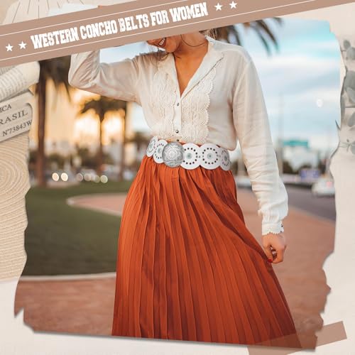 Image of XZQTIVE Western PU Leather Belts for Woman Concho Cowgirl Cowboy Disc Belt for Ladies Wide Boho Country Waist Belts for Dress