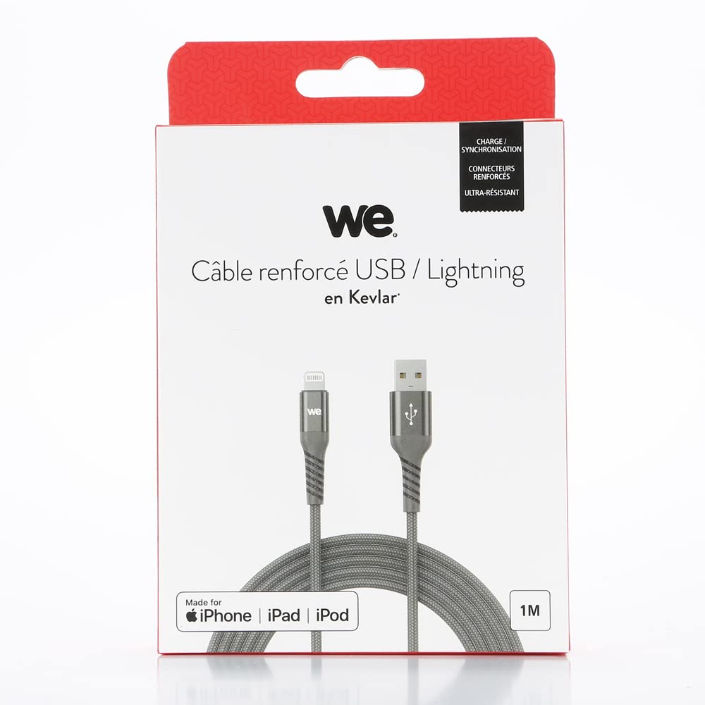 WE Cavo USB a Lightning ultra resistente in nylon intrecciato e Kevlar, 1 metro, certificato MFi, ricarica e sincronizzazione dati, colore: grigio