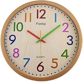 Foxtop Silent Kids Wall Clock 12 Inch Non-Ticking Battery Operated Colorful Decorative Clock