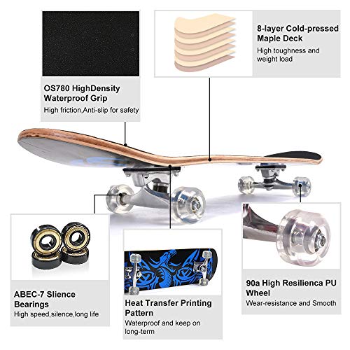 ChromeWheels 31 inch Skateboard Double Kick Skate Board Cruiser Longboard 8 Layer Maple Deck Skateboards for Kids and Beginners - Thumbnail 6