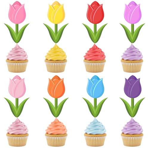 40 Pcs Spring Tulip Cupcake Toppers Spring Floral Cake Topper Decorations Colorful Flower Cupcake Picks for Floral Birthday Wedding Bridal Baby Shower Party Supplies