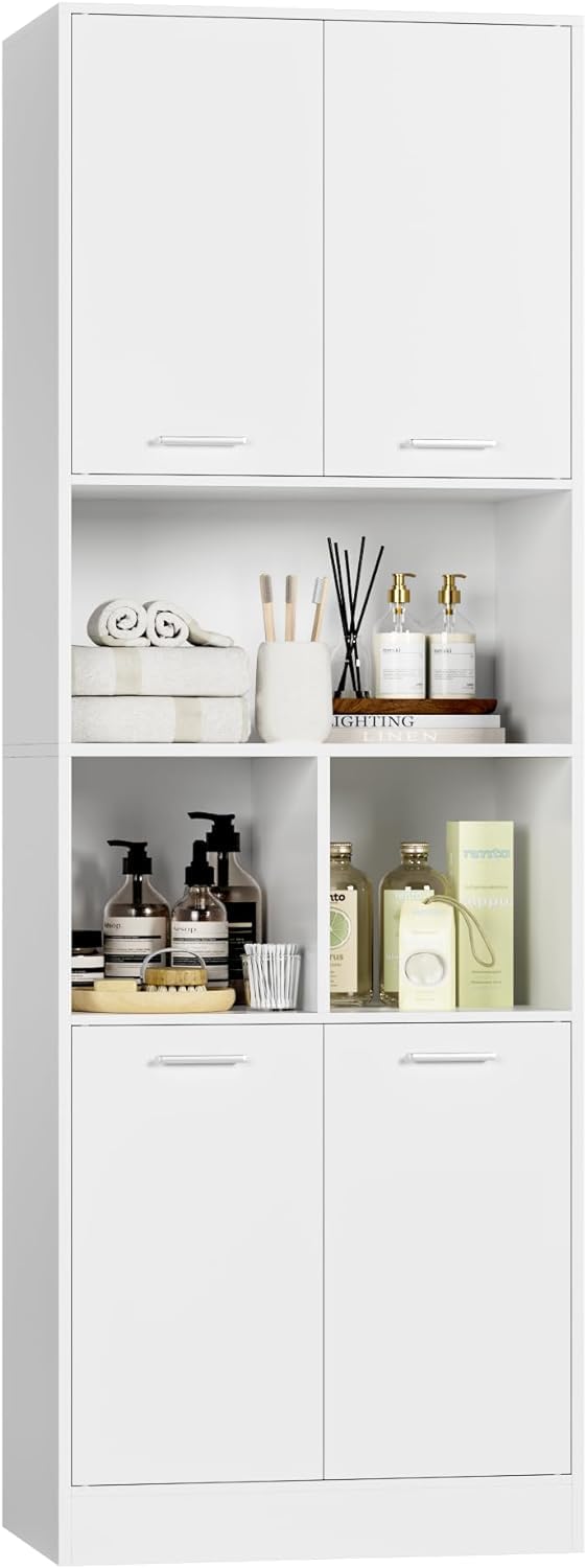 FirFurd Colonna Bagno,Mobile Bagno Alto con 4 Ante e Vani Apert Bianco | Colonna Bagno da Terra,Mobiletto Portaoggetti con Ripiani Regolabili/Rimovibili,per Soggiorno, Camera, Cucina,180.5x60x40cm