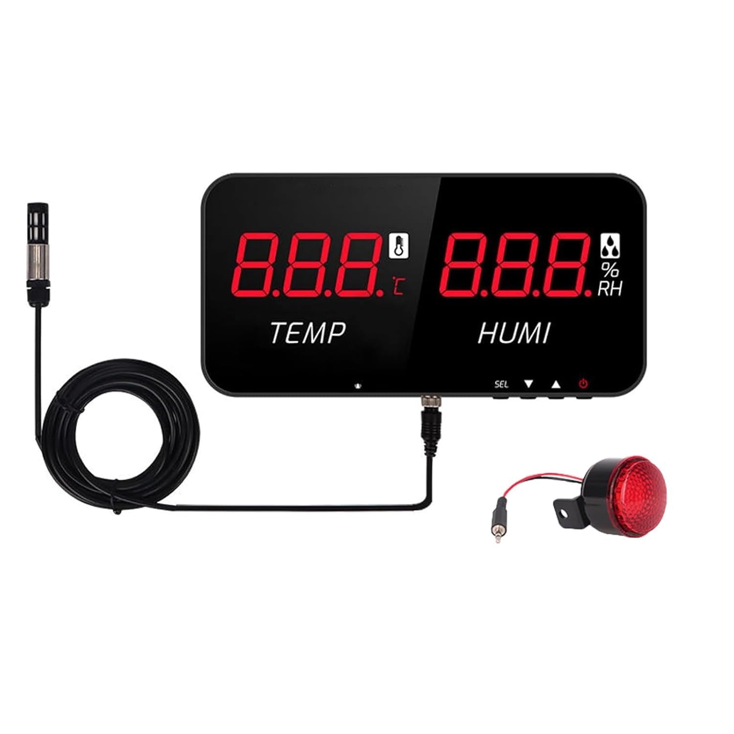Cyfrowy termometr LCD 33.0 cm, montowany na ścianie, miernik wilgotności temperatury z czujnikiem 5 m, funkcja alarmu, zakres -20-80°C, do zastosowań przemysłowych, rolniczych.