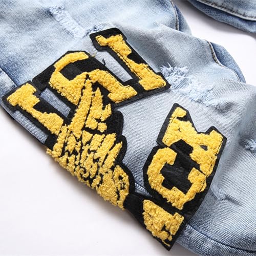 Ripped Jeans Mens, Skinny Jeans Men, Blue Vintage Wash Patchwork Jeans, Classic Casual Outdoor Skinny Ripped Jean,293