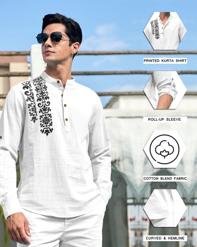 Image of FINIVO FASHION Men's Cotton Blend Short Kurta Shirt | Casual Ethnic Wear with Roll-Up Sleeves & Mandarin Collar | Comfortable Fit Tunic for Festive, & Summer Outings
