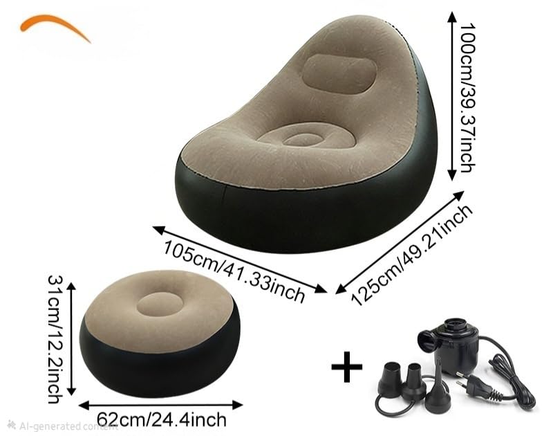 Image of Inflatable Air Sofa Chair with Ottoman Set, Comfortable Lounge Seat, Beige and Black, Indoor Use
