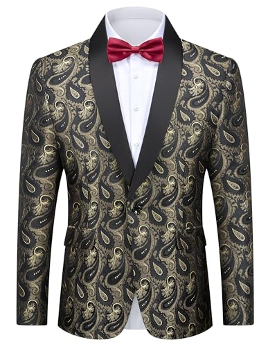 YND Men's Paisley Tuxedo Jacket, One Button Dress Suit Blazer, Floral Coat with Bow Tie for Dinner Party Prom Wedding