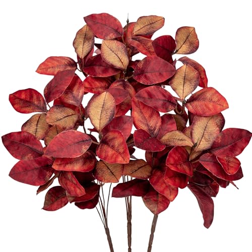 3 tallos de hojas de otoño artificiales de magnolia, arbusto, ramas de flores de otoño, plantas falsas para arreglos florales, centros de mesa, chimenea, decoración de otoño
