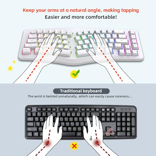 Clavier divisé silencieux ergonomique et filaire avec rétroéclairage RVB blanc