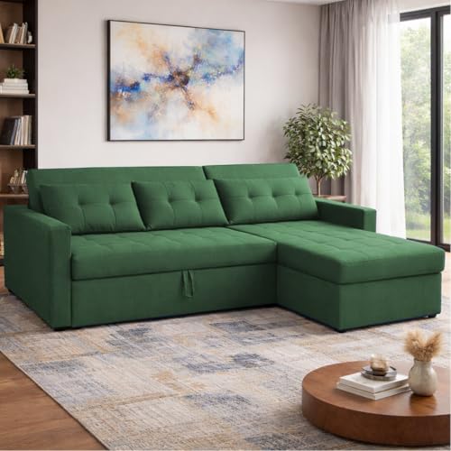 Image of Emilio 4 Seater RHS L - Shape Pull-Out Sofa Cum Bed Sofa for Living Room (Green Fabric Color) Premium Fabric Sofa Set for Living Room Sofa Cum Bed