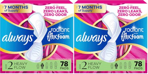 Image of Always Radiant Feminine Pads for Women, Flexfoam Pads with Wings, Size 2, Heavy Absorbency, Lightly Scented 78 Count (Pack of 2)