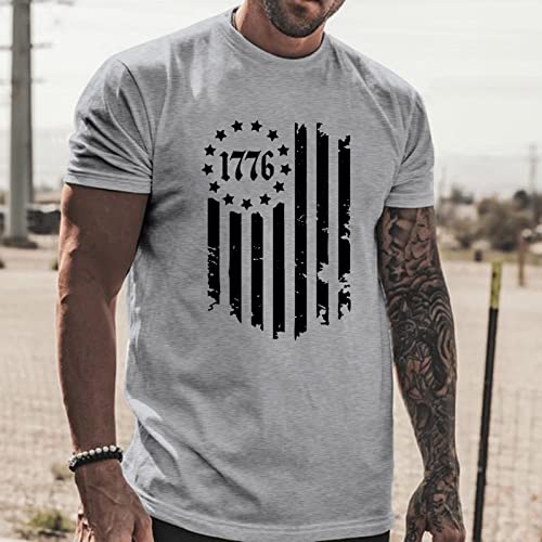 Crewneck Cotton T-Shirts For Men Male Spring And Summer Independence Day Vintage Distressed Partial Printed Tee Shirt Grey #TOP2