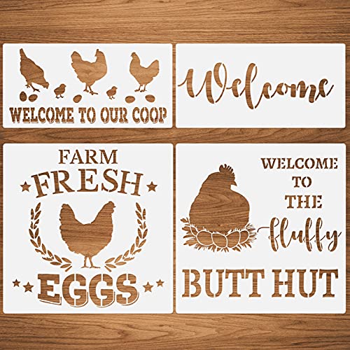 Hen Chicken Farmhouse Stencils, 4 Pcs Farm Eggs Rustic Reusable Stencil for Painting on Wood, Fabric, Wall, Furniture - DIY Art Home Decor