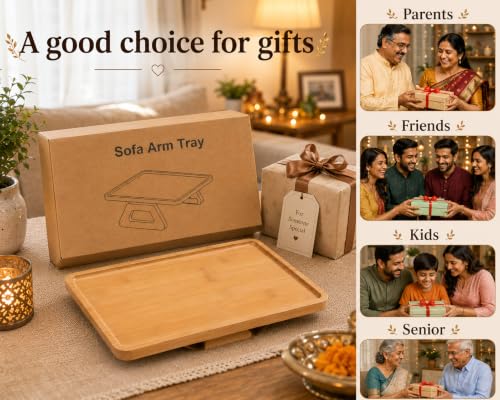 Image of Curated Cart Bamboo Serving Tray with Cut-Out Handles - Rattan Cane Woven Base - Eco-Friendly Rustic Tray for Coffee Table, Breakfast (Sofa Armrest Tray)