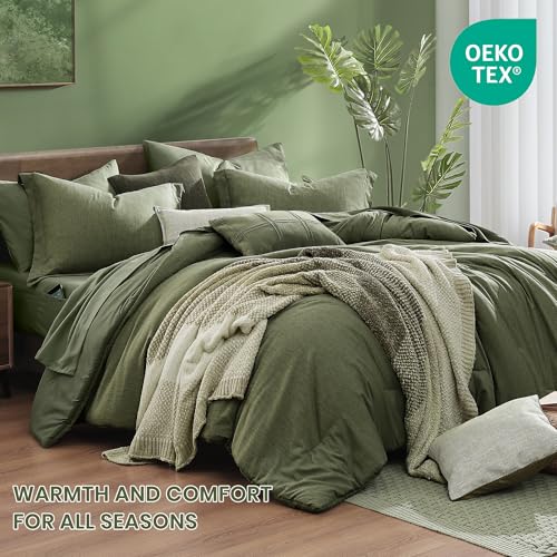 Image of Monbix Super King Plus Comforter Set, Olive Green Cationic Dyeing Bedding Set Reversible, Bed in a Bag 7 Pieces with Comforter, Sheets, Pillowcases & Shams