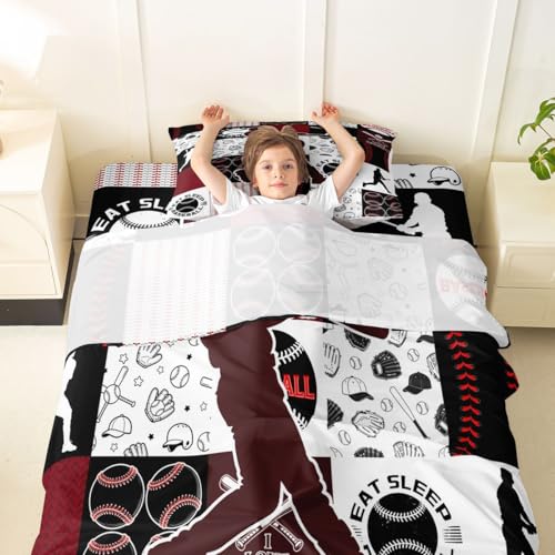 Image of Castle Fairy Baseball Player Bed Sheet Set for Kids,Sports Geometric Grid Red Sheets Set,Patchwork Baseball Home Decor Sheet Sets with Deep Pocket,Top Flat Sheet,Twin Size