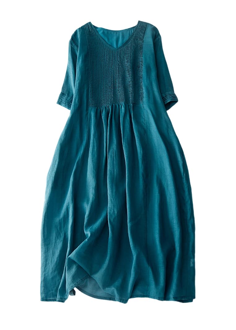 ORANDESIGNE Vestido Largo de Lino para Mujer Moda Cuello en V Manga Corta Color Sólido Verano Boho Midi Vestido Suelto Informal Retro Vestido Playa de Lino y Algodón Suelto
