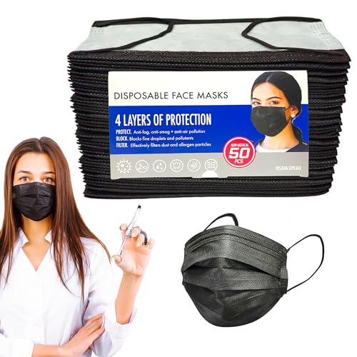 A-Trend Deals 50 Pcs Black Disposable 4 Layers Face Masks, Non-medical, Extra Layer Protection Face Masks for Adult, Teenager, Seniors
