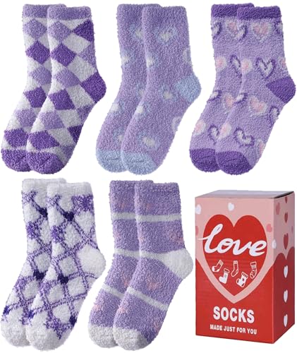 LINEMIN Womens Fuzzy Socks Cozy Fluffy Winter Slipper Warm Thick Fleece Soft Home Sleeping Socks (Purple Heart-shaped)
