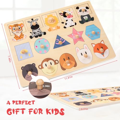 Image of Adena Montessori Jumbo Knob Animal Shape Puzzle, 1 Year Toddler | Safe wood, Large knob animal shapes. Builds color & shape recognition, fine motor & matching. Easy grip.