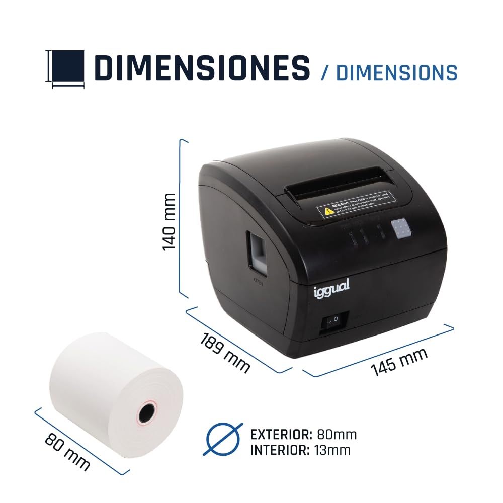 iggual Stampante termica per biglietti TP Easy 80- USB+RJ11, rotolo termico 80 mm, velocità 230mm/s, Windows,Linux, macOS. SDK :Windows Android, iOS,Emulazione ESC/POS. (14,5 x 18,9 x 14).