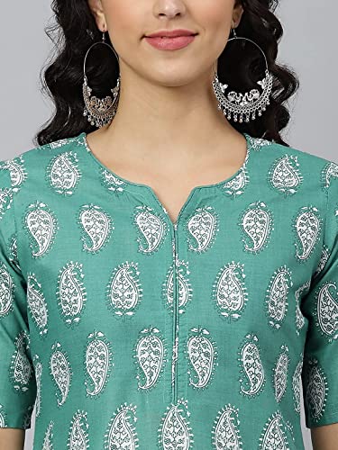 Image of GoSriKi Women's Cotton Blend Printed Straight Kurta, Palazzo & Dupatta (Tinka New-GO)
