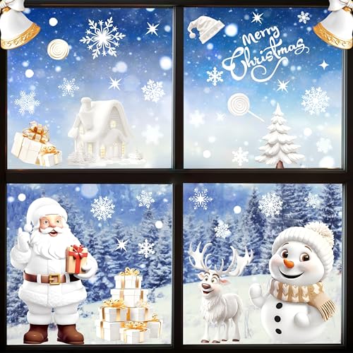 Image of AhfuLife Christmas Window Clings, 190 PCS Large 3D Reusable Window Stickers for Glass, 9 Sheets Double Sided Santa Claus Snowman Snowflakes Reindeer Stickers for Party Decorations