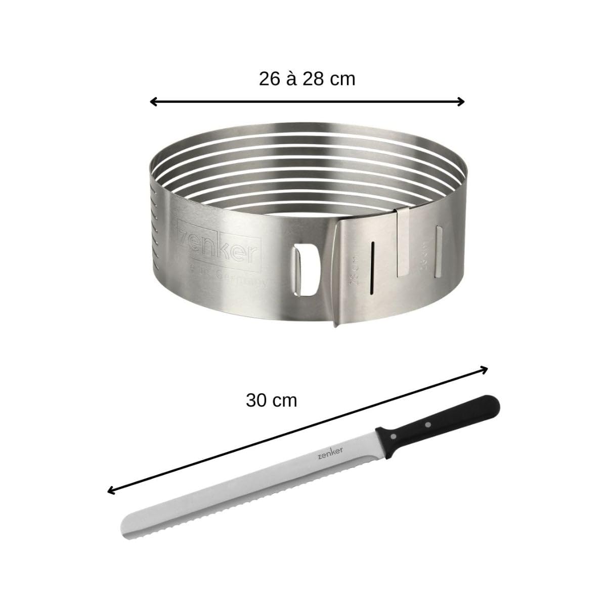 Zenker 9981650 - Juego de 2 piezas para cortar layer cake, utensilios de pastelería, cuchillo de pastelería, círculo de corte, rebanador de tartas, acero inoxidable, plástico, 30 cm, diámetro 26/28 cm