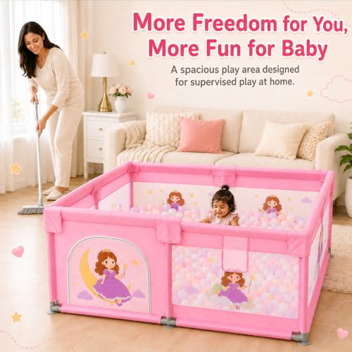 Image of Dawnwake Large Playpen 150 x 180 cm for Toddlers & Kids up to 5 Years with Pit Balls and Anti-Fall Grasp Rings, Playard with Safety Lock & Suction Cup (No Mat, Non-Foldable) (150x180cm Pink)