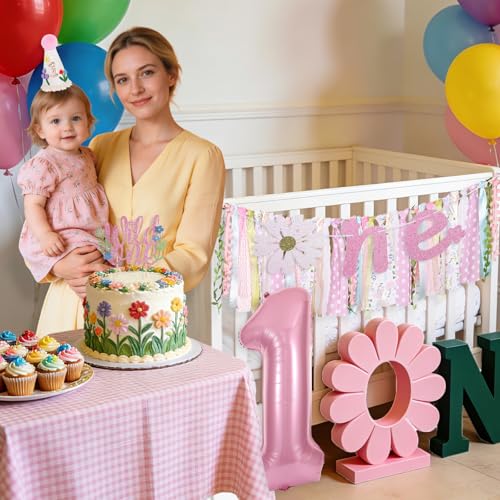 Image of Wild One Flower Highchair Banner for First Birthday Party Decorations | Pink Floral High Chair Tassel Banner for Girls Baby Shower Wildflower Fabric Banner One Birthday Backdrop Decorations